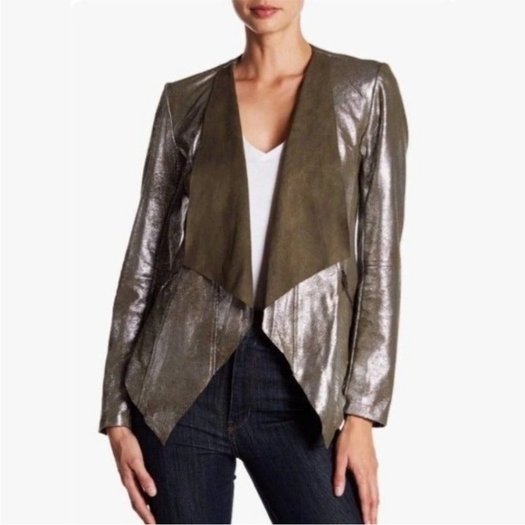 Vigoss Olive NWT Green crackled Suede Metallic Open Front MOTO Jacket Small S - Picture 2 of 8